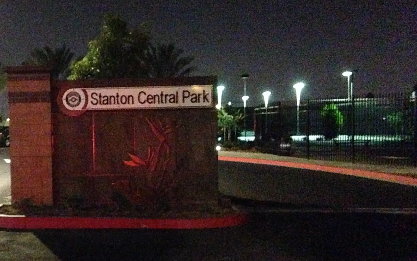 Stanton Central Park entrance sign at night, photographed in 2016.